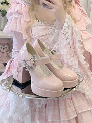 Polished Pink Butterfly Buckle 11cm Floral High Block Heel Platform Mary Janes