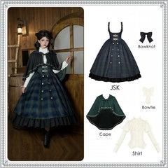 Preppy Style Green Plaid Pattern Lolita Set - Long Version JSK + Shirt + Witch Hooded Cape