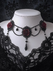 Vintage Black and Red Gothic Rosette Necklace