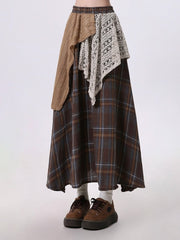 Mori Kei Coffee Plaid Maxi Skirt with Asymmetrical Patchwork Design