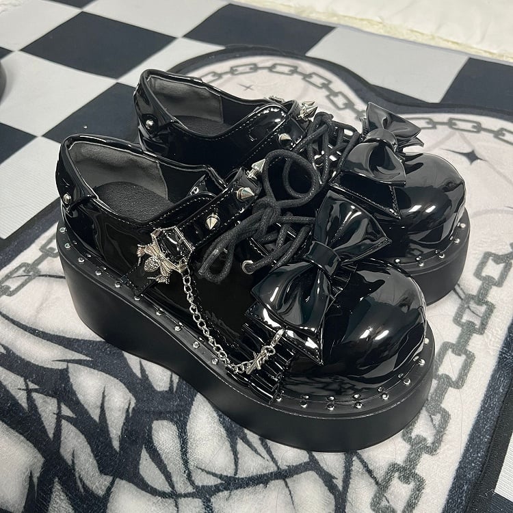 Y2K Polished Black Stud Bowknot Spider Design Punk Platform Shoes