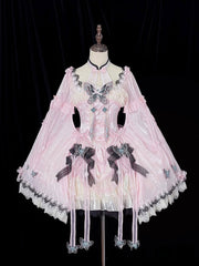 Pink Butterfly Fabric Chinoiserie Lolita Halter Neck Dress with Frog Buttons and Wide Sleeves