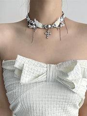 Y2K Silver Cross Wing Pendant Choker