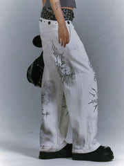 Vintage White Punk Distressed Jeans with Leopard Print Waistband & Botanical Print