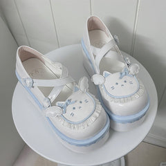 Yume Kawaii Blue & White Round Toe Kitty  Angel Heart Buckle Platform Lolita Shoes