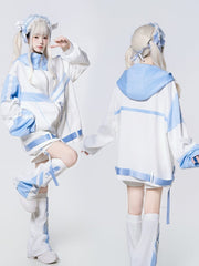 Tenshi Kaiwai  Futuristic Landmine Coord Set in Blue & White - Cyber Angel Techwear Jacket, Shorts & Leg Warmers