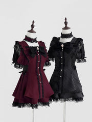 Jirai Kei Wine Red Set: Mini Dress with Side Lace-up & Black Lace Trim and Matching Skirt
