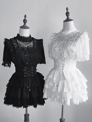 White Tiered Lace-Trimmed Skirt Jirai Kei Style Smocked Back Waist & Lace-up Corset Detail