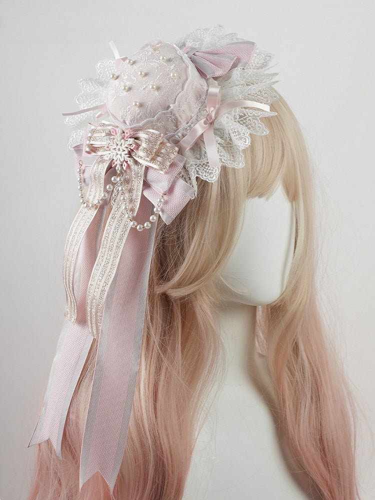 Pink Big Bow Lace Trim Snowflake Mini Hat with Beaded Chain