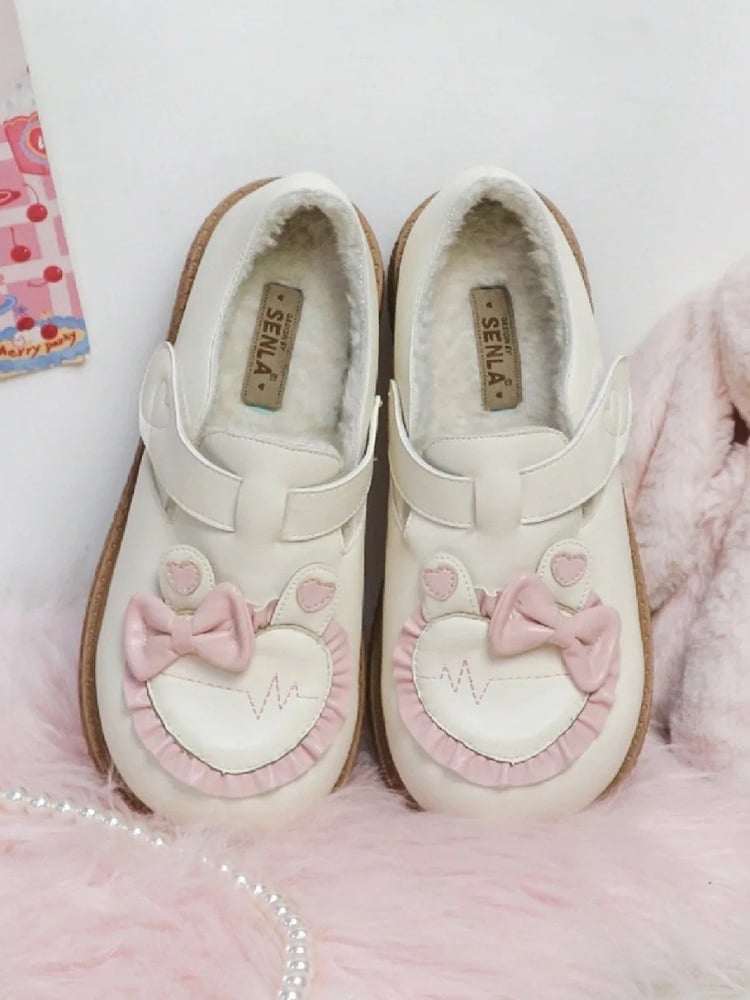Sweet Lolita Fleece Lined Winter Flat Shoes with a 4cm Platform - Bunny Ear & Ruffle Trim Heart Applique