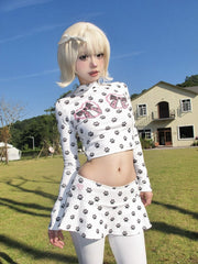 White Paw Bowknot Print Long Sleeve Cropped Top