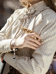 Steampunk Beige Ruffle Banded Collar Striped Shirt With Metal Chain and Buttons