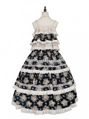 Rosette Floral Print Black Front Button Placket Pink House Style Lolita Skirt