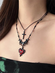 Y2K Bat Double-Layered Necklace With Red Heart Cross Pendant