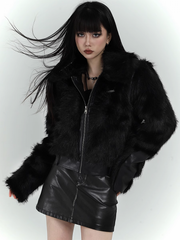 Black Zip Closure Shaggy PU Jacket