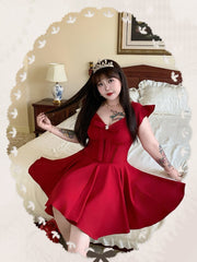 Plus Size V-neck Flutter Sleeves Big Bow Front Red Dress