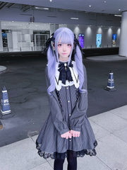 Vintage Black Striped Jirai Kei Dress with Pointed Flat Collar and Cross-Stitch Lace Trim