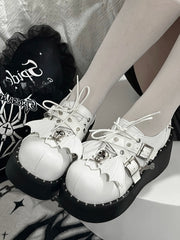 Y2K Matte White Punk Stud Buckle Strap Bat Wings Design Platform Shoes