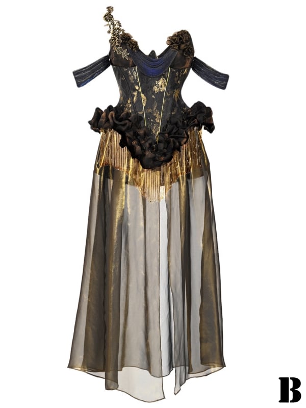 Clearance-Size M for Bust 82-86CM Black and Gold Gorgeous Tassels Boned Corset Top + Gold Chiffon Skirt