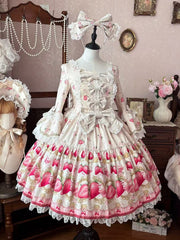 Strawberry Print Beige Bell Sleeves Lolita Dress with Lace Trim and Bow Accents
