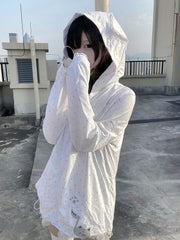 White Kitty Ears Hooded Jacket with Black Polka Dots, Cat and Musical Note Print