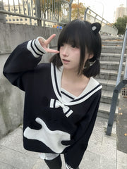 Soft & Adorable Navy Blue Sailor Collar Sweatshirt with Panda Embroidery