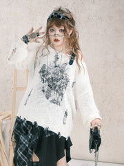 Plus Size White Asymmetrical Neck Knit Top with Butterfly Print & Distressed Details