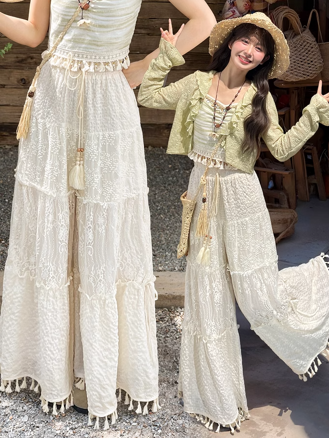 White Drawstring Waist Hollow-out Wide-Leg Pants with Tassel Cuffs Regular/Short Version