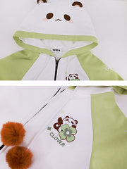 White & Green Cute Panda Design Zip Closure Hoodie