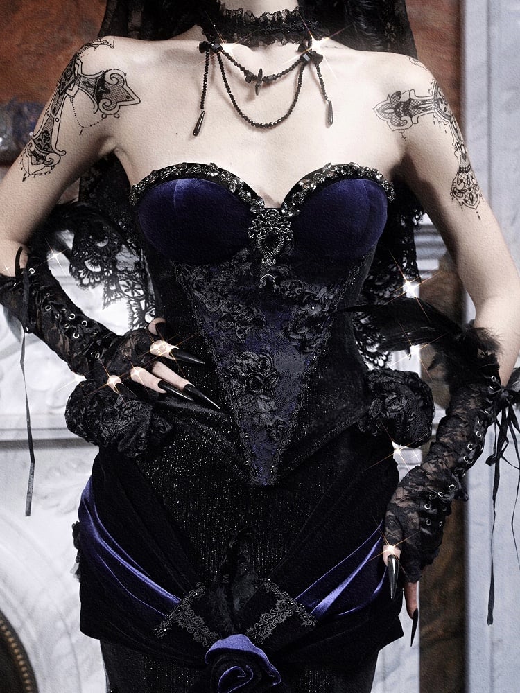 Romantic Goth Black and Purple Velvet Corset - Sparkling Rhinestones & Handcrafted Beading