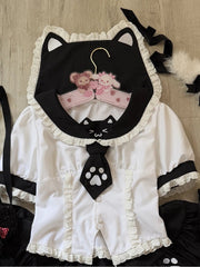 Black & White Kitty-Ear Sailor Collar T-shirt with Paw Embroidered Tie