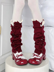 Wine Red Button Design Ruffle Knitted Leg Warmers