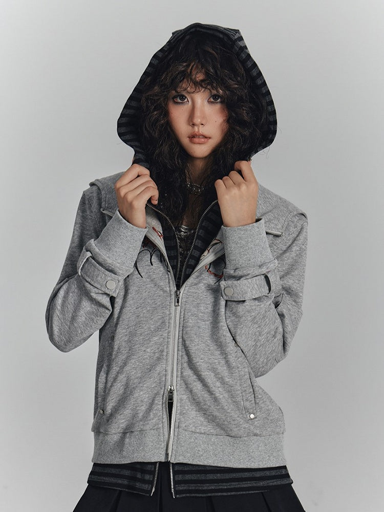 Gray Punk Two-in-One Crop Hooded Jacket with Wing Embroidery & Inner Striped Hoodie
