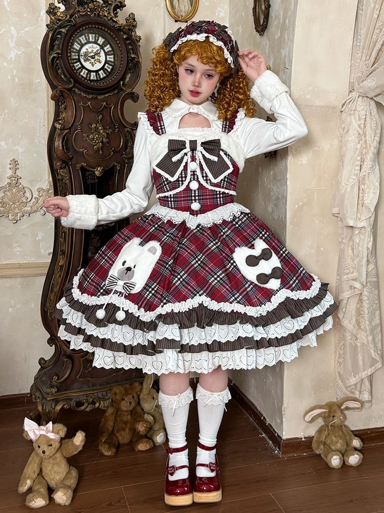 Plush Neckline Red Plaid Winter Lolita Dress with Bear and Heart Appliques