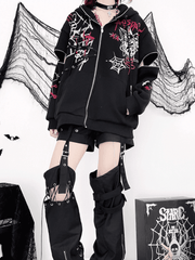 Y2K Black Bunny Ears Hoodie Graphic Print Zip-Up with Zipper Sleeves