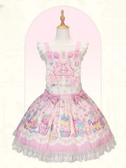 Pink & White Sweet Bunny and Cupcake Print Lolita Overall Dress