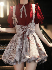 Wine Red Ruffle Neckline Blouse with Puff Sleeves and Pleating Details