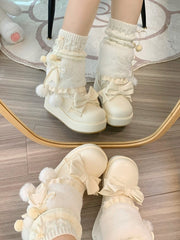 PU Creamy White Sweet Lolita Platform Snow Boots - Pompon Charm, Bow Details & Faux Fur Cuff with Side Zipper