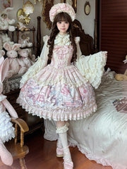 Pink Cat Print Flutter Sleeves Sweet Lolita JSK Dress with Lace Trim and Bow Accents
