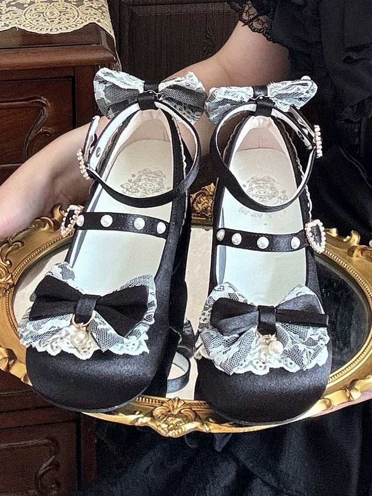 Satin Black Sweet Lolita Mary Janes - Low Heel with Lace Trim & Beaded Heart Snap
