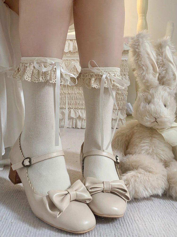 Ruffled Lace Cuffs Beige Bowknots Sweet Cotton Socks