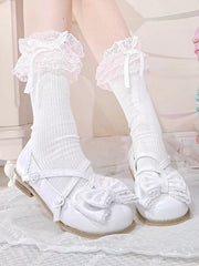 White Beaded Decorated Bow at Top Crisscross Design Bunny Ear Lolita Shoes