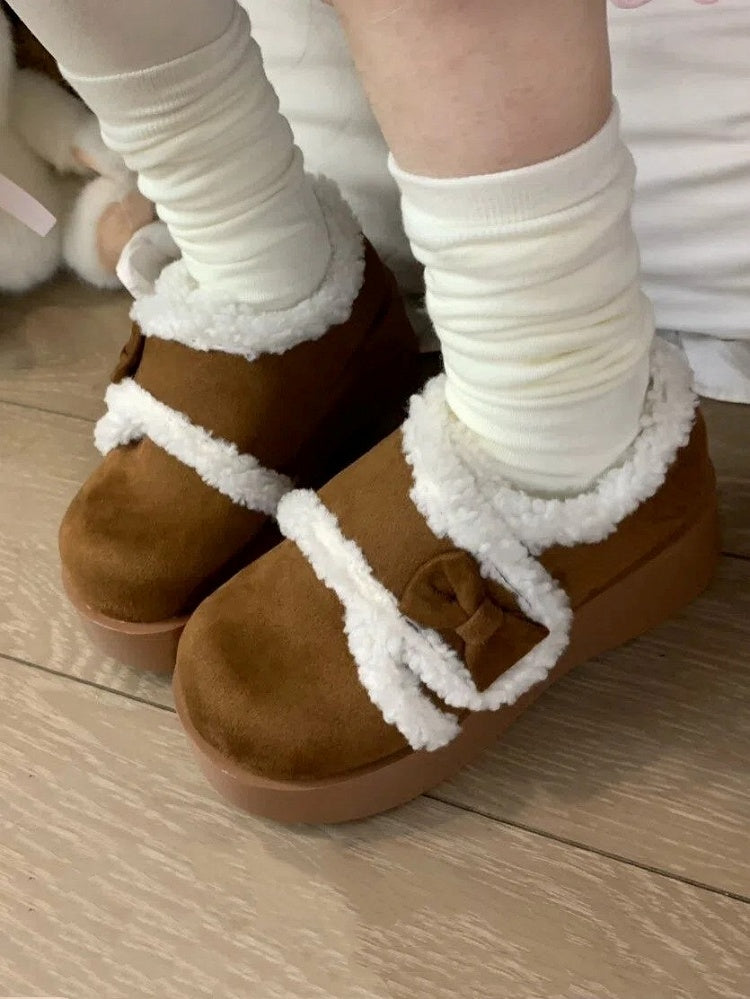 Sweet Light Brown Lolita 4.5cm Platforms with Bows Decor & Cozy Plush Interior