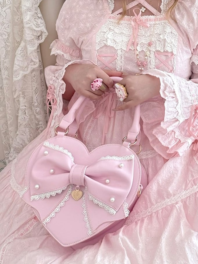 Pink Sweet Lolita Heart Hand/Crossbody Bag with Beaded Decorated Bow & Detachable Strap