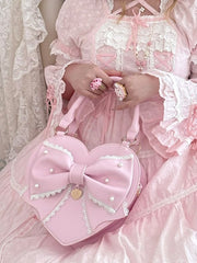Pink Sweet Lolita Heart Hand/Crossbody Bag with Beaded Decorated Bow & Detachable Strap