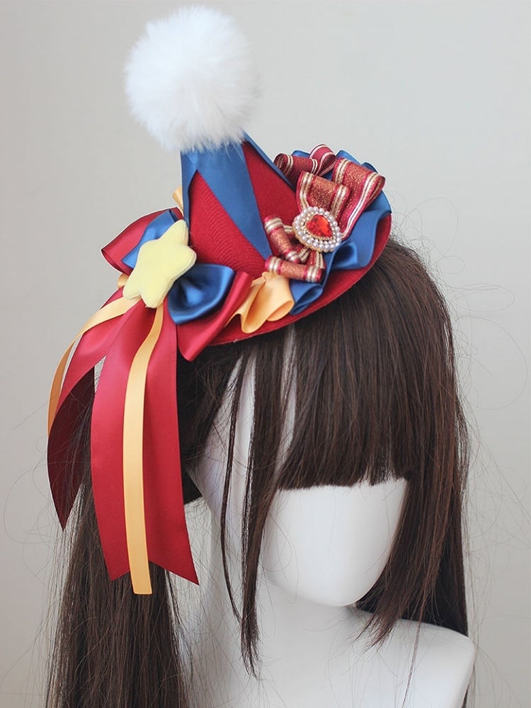 Blue And Red Circus Sweet Lolita Star And Beaded Design Bowknot Pompon Decorated Mini Hat
