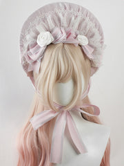 Pink Big Bow and Floral Ruffled Lace Trim Lolita Bonnet