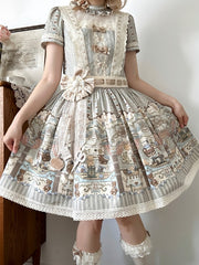 Green Bear Theme Ruffle Neckline Dropped Waist Sweet Lolita Dress