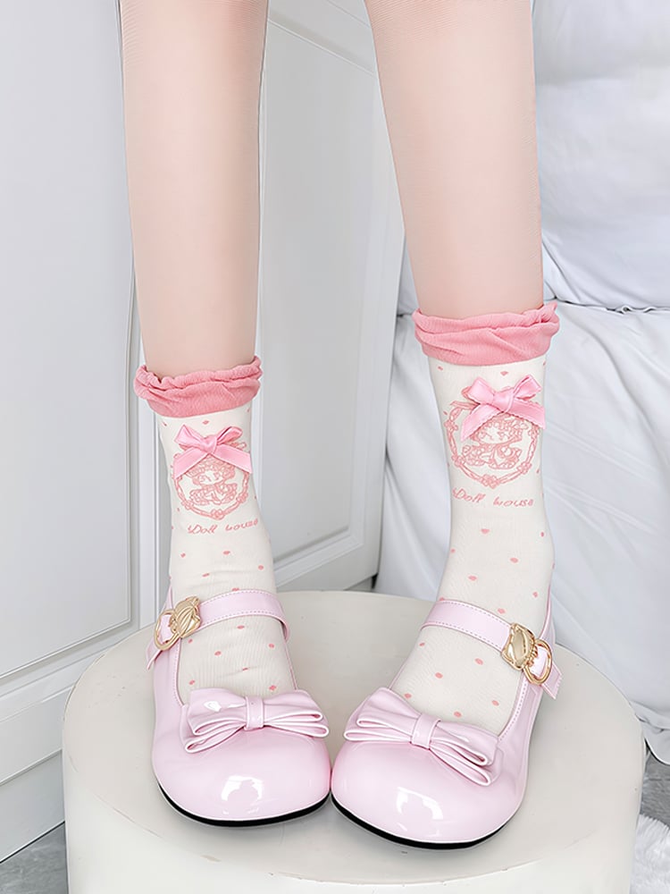 Pink/Brown Cute Girl & Polka Dot Pattern Bubble Ruffle Cotton Socks with Bow Decorations