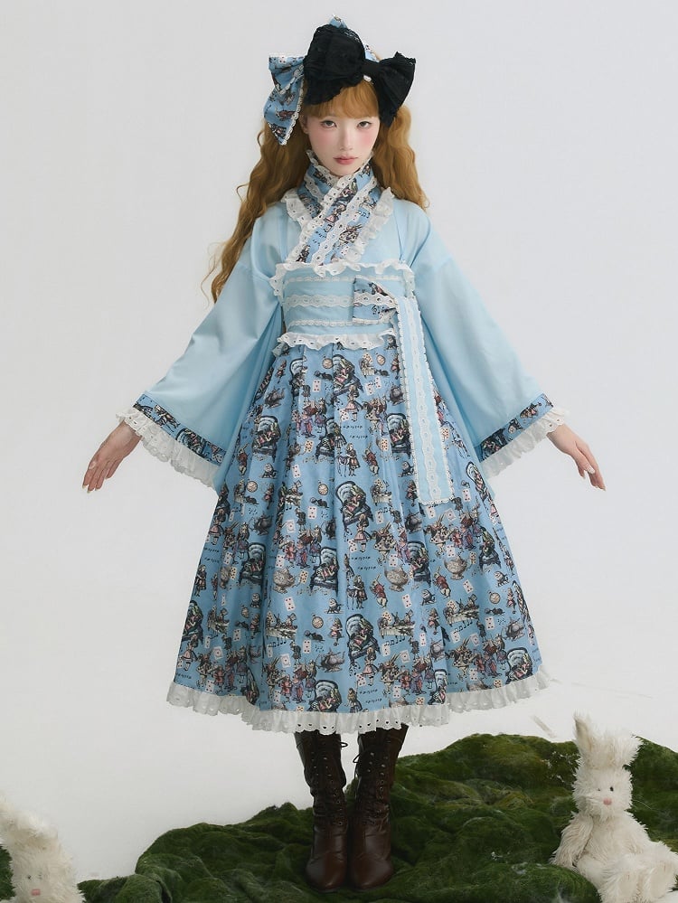 Alice in Wonderland Vibes Blue Crossover Design Top + Bunny and Poker Print JSK Dress Wa Lolita Set